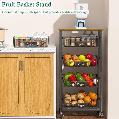 Kitchen Storage Cart with Wheels, 5-Tier Metal Utility Rolling Cart Fruit