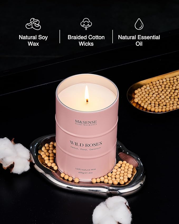 M&SENSE Wild Rose Large Natural Scented Candle, 120 Hours Long Lasting Soy Candles 21.2oz, Stress Relief Luxury Aromatherapy Candles for Women, Romantic Candle Valentines Day Gifts for Her