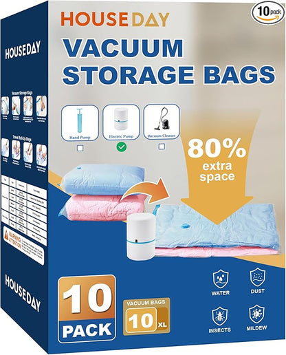 HOUSE DAY 10 Jumbo Vacuum Seal Bags For Clothing Travel, 80% Space Saving Travel Vacuum Bags with Electric Pump, Vacuum Storage Bags For Clothes, Comforters, Blankets, Moving, Reusable & Durable