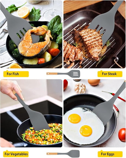 Pack of 2 Large Silicone Spatula, Heat Resistant Solid Turner, Non Stick Slotted Spatulas with Wooden Handle, Ideal Kitchen Utensils for Flipping, Pancakes, Eggs, Fish(GRAY)