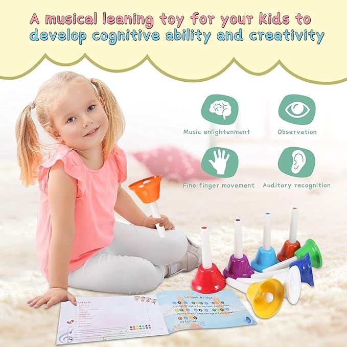 Hand Bells, 8 Note Musical Handbells Set with 17 Songbook Musical Toy Percussion Instrument for Toddlers Children Kids for Children's Day Family Activity School and Church (Multicolored)