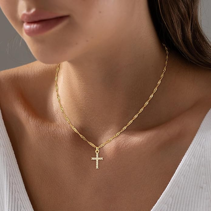 Cross Necklace for Women Trendy - Dainty 18K Real Gold Plated Minimalist Cross Necklace Non Tarnish Waterproof Trendy Cute Simple Small Necklaces Easter Christian Religious Faith Jewelry Gifts