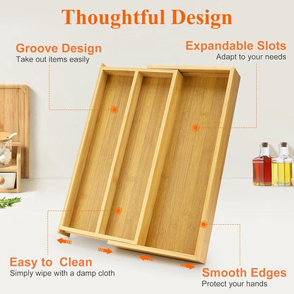 Large Bamboo Silverware Drawer Organizer Tray Kitchen Tool Drawer Divider