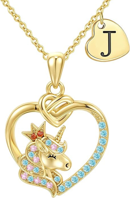 Unicorn Initial Necklaces for Girls Kids Women - 18K Really Gold Filled Unicorn Initial Letter Necklace Teen Girls Gifts Trendy Stuff Heart Letter Necklace for Women Girl Kids Gifts