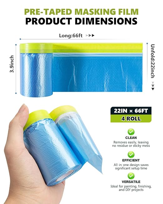 Pre-Taped Masking Film for Painting(4 Rolls) - 22" x 66'Painters Plastic Sheeting with Tape and Drape, Painters Drop Cloth for Automotive & Home, Cover for Walls/Floors/Windows/Cars Protection