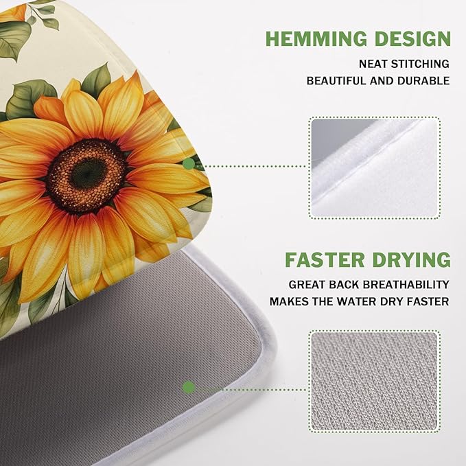 Spring Summer Dish Drying Mat 16x18 Inch Absorbent Reversible Sunflower Drying