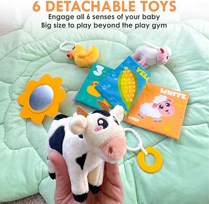 QUOKKA Baby Play Gym XL – Cabbage-Shaped Baby Play Mat with 6 Large Sensory Toys – Tummy Time Mat for Infant Development – Machine Washable Newborn Essentials Must Haves – Gender Neutral Gift Items