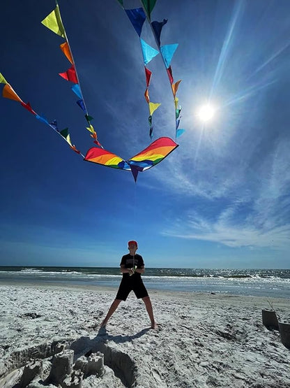 HONBO Large Delta Kite for Kids & Adults,Extremely Easy to Fly Kite for Beach Trip,String Line Included,with Colorful Tail,Perfect for Beginners