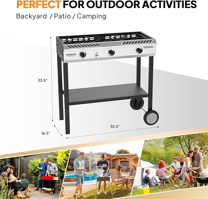 ROVSUN 3 Burner Outdoor Propane Burner with Ignition & Regulator, 225,000 BTU Powerful & Portable Gas Stove Outdoor Stand Cooker for Backyard Patio Cooking Home Camping Brewing Canning Turkey Frying