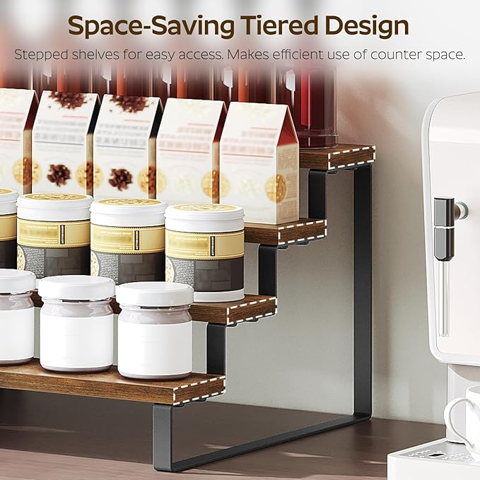 YATINEY Spice Rack, 4 Tier Wooden Display Riser Stand, Kitchen Storage Organizer