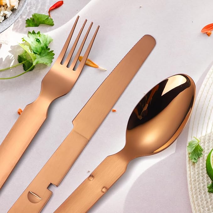 Camping Silverware Copper/Rose Gold Flatware Stainless Steel Eating Utensils Set Travel Portable Knife Fork Spoon Bottle Opener 4 Pieces Multi-functional Durable