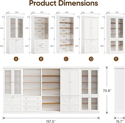 70.8" Tall Farmhouse Bookshelf, Modular Bookcase with Glass Doors, 6-Tier Adjustable Shelves, Large Storage Cabinet for Kitchen, Living Room, White, Set of 4