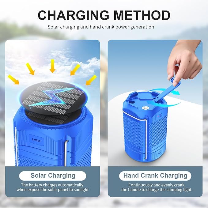 Camping Lantern 5000mAh Solar Hand Crank Telescopic LED Flashlight USB Charger for Power Outages ,Portable Rechargeable Battery Powered Operated Lanterns Lamp, Camping Gear Accessories (Blue)