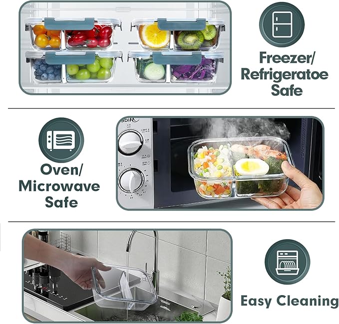 VERONES 10 Pack Glass Meal Prep Containers 2 Compartment Set, 30 OZ Airtight Glass Lunch Containers, Glass Food Storage Containers with Lids, for Microwave, Oven, Freezer & Dishwasher Friendly，Grey