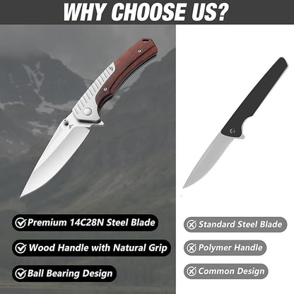 FLISSA Pocket Knife with 3.35" 14C28N Steel Blade, Liner Lock Folding Knife with Wood Handle for EDC, Camping, Hiking, Outdoor Activities, Gift for Men and Women