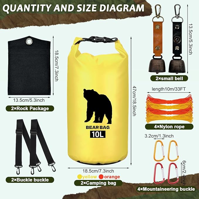 2 Pcs 10L Waterproof Bear Bags with 4 Nylon Ropes, 4 Clips & 2 Rock Pockets & 2 Small Warning Bells for Hanging Food securely. Ultralight Camping Food Bag System.
