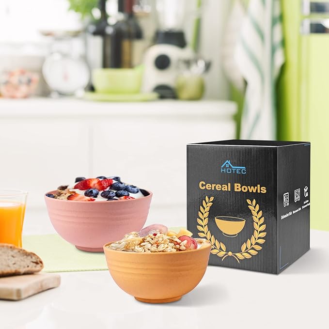 HOTEC BPA Free Unbreakable Wheat Straw Cereal Bowls - Microwave & Dishwasher Safe Soup and Salad Bowls, Set of 8, 26oz, Multicolor