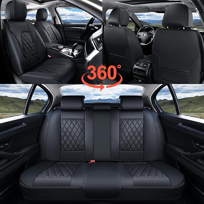 Coverado Car Seat Covers Full Set, 5 Seat Black Seat Cover for Cars, Luxury Faux Leather Waterproof Seat Cover, Front and Back Car Seat Protector, Universal Auto Seat Covers Fit for Most Cars