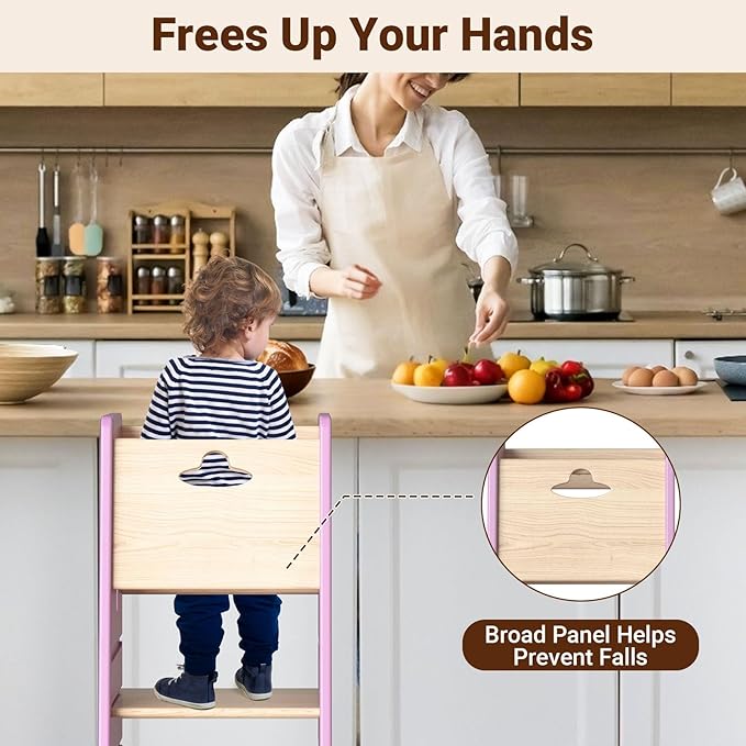 COSYLAND Toddler Standing Tower Adjustable Height - Super Stable Kids Kitchen Stool Helper - 3 Levels Adjustable Wooden Toddler Kitchen Stool (Natural & Pink)