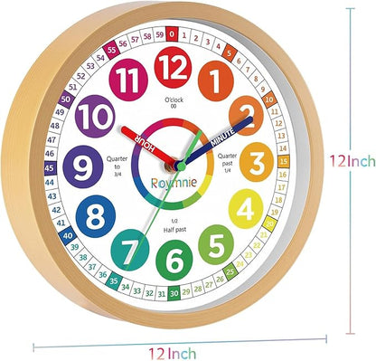 Roymnie12 Inch Wall Clock for Kids Learning to Tell Time Easily Analog Non Ticking Battery Operated Kids Teaching Clock Silent Colorful Teaching Time Clock Decorative for Kids Room Classroom School