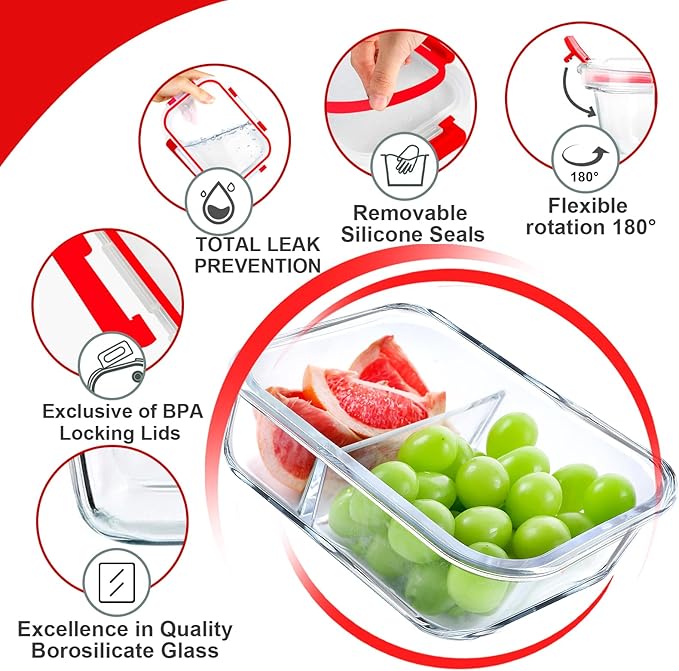 VERONES 5 Pack Glass Meal Prep Containers 2 Compartment Set, 36OZ Airtight Glass Lunch Containers, Glass Food Storage Containers with Lids, for Microwave, Oven, Freezer & Dishwasher Friendly,Red