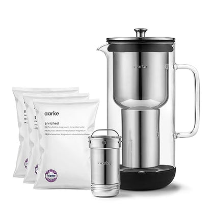 Aarke Purifier Regular Glass Pitcher Bundle w/Steel Filter, 3 Enriched + 1 Pure