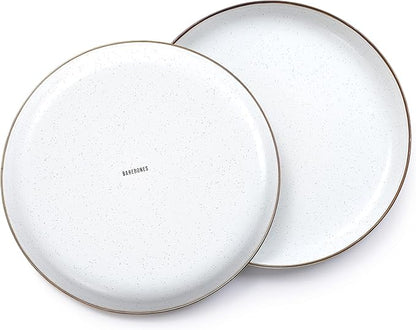 Barebones Enamel Deep Plate - Set of 2 Dinner Plates - Hand-Finished Baked Stainless Steel Trim Plate Set - Camping Kitchen and Dish Set (Eggshell)