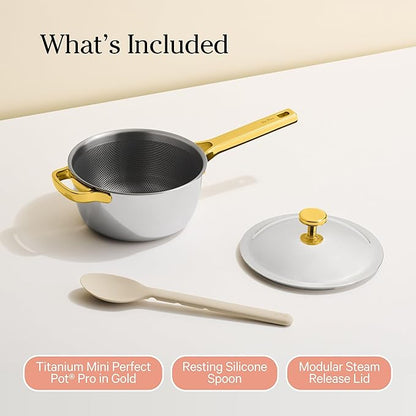 Our Place Titanium Mini Perfect Pot Pro - 2.75 Qt No-Coating Nonstick Pot | Tri-Ply Titanium & Stainless Steel | Oven-Safe up to 750°F & Compatible with All Cooktops | Gold