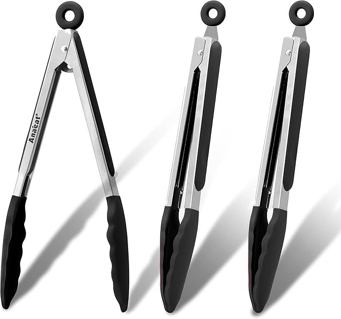 Anaeat 3 Pack 7" Mini Non-Stick Silicone Locking Tongs