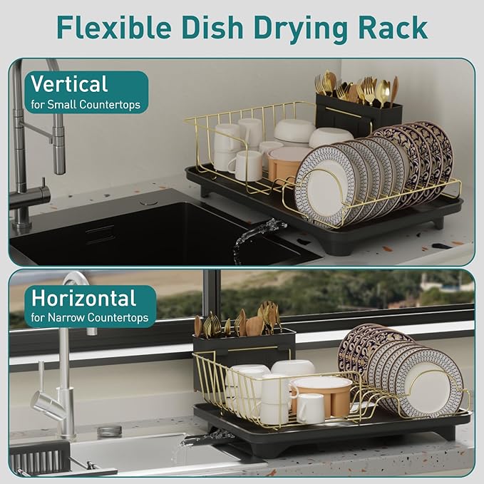 Buruis Dish Drying Rack for Kitchen Countertop, Large Capacity Gold Stainless