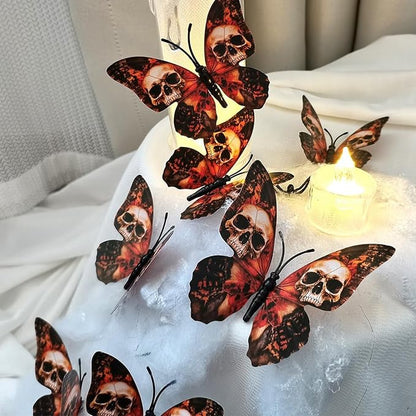 12 Pcs Halloween Wall Decor 3D Skull Butterfly Wall Decal Stickers Goth Halloween Decorations Butterflies Skeleton Designs for Festival Home Party Decoration Supplies