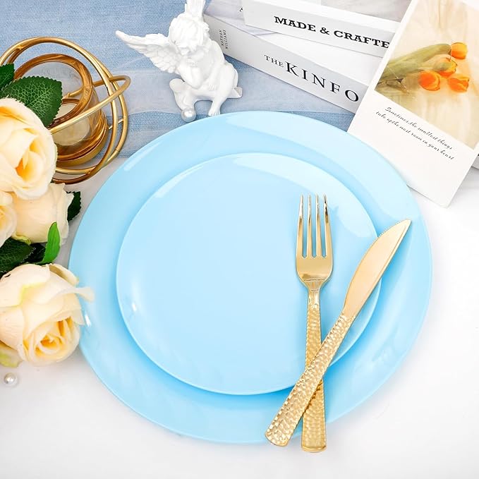 KIRE 60PCS Blue Plastic Plates Disposable - Heavy Duty Light Blue Plates Include 30Pcs 10.25” Dinner Plates and 30Pcs 7.5” for Dessert/Salad in Baby Shower/Picnic