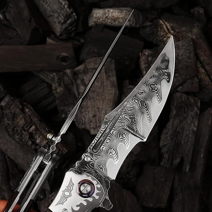 4.6in Damascus steel blade, ebony inlaid with serpentine wood handle with leather pocket folding knife, suitable for camping cutting