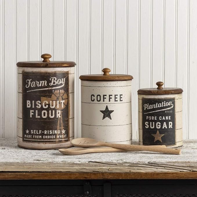 Primitives by Kathy 39060 Farmhouse Tin Canisters, Sugar/Coffee/Flour