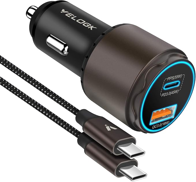 VELOGK Super Fast Type C Car Charger [73W Turbo], Fast Adaptive 55W 45W PPS/PD&QC3.0 USB C Car Adapter[Super Fast Charging 2.0]for Samsung S26 Ultra/S25 Ultra/S24 Ultra/S23 Ultra/S22+,iPad Pro,Macbook