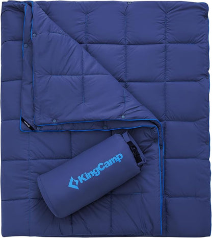 KingCamp Ultralight Camping Blanket, Packable Down Alternative Puffy Wearable Blankets Weatherproof Warm Package Quilt with Snap Buttons for Outdoor Hiking Travel Picnic Stadium (69" L x 53" W, Navy)