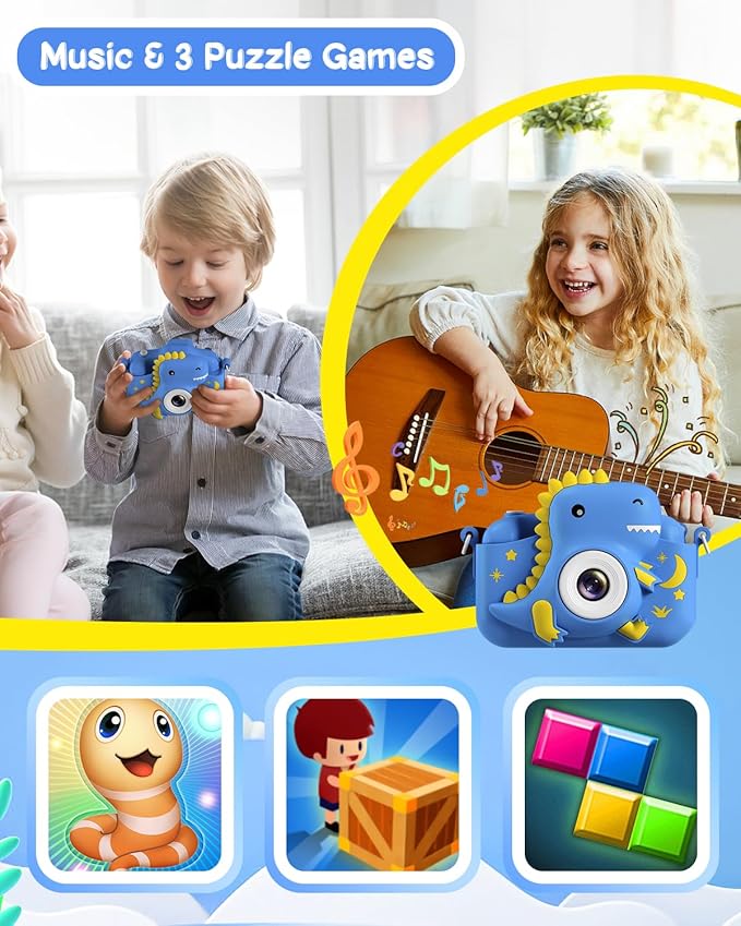 Kids Camera, Dinosaur Toddler Digital Camera for Boys Girls, Christmas Birthday Gifts, Selfie 1080P Camera for 3 4 5 6 7 8 9 Years Old Toys Dark Blue