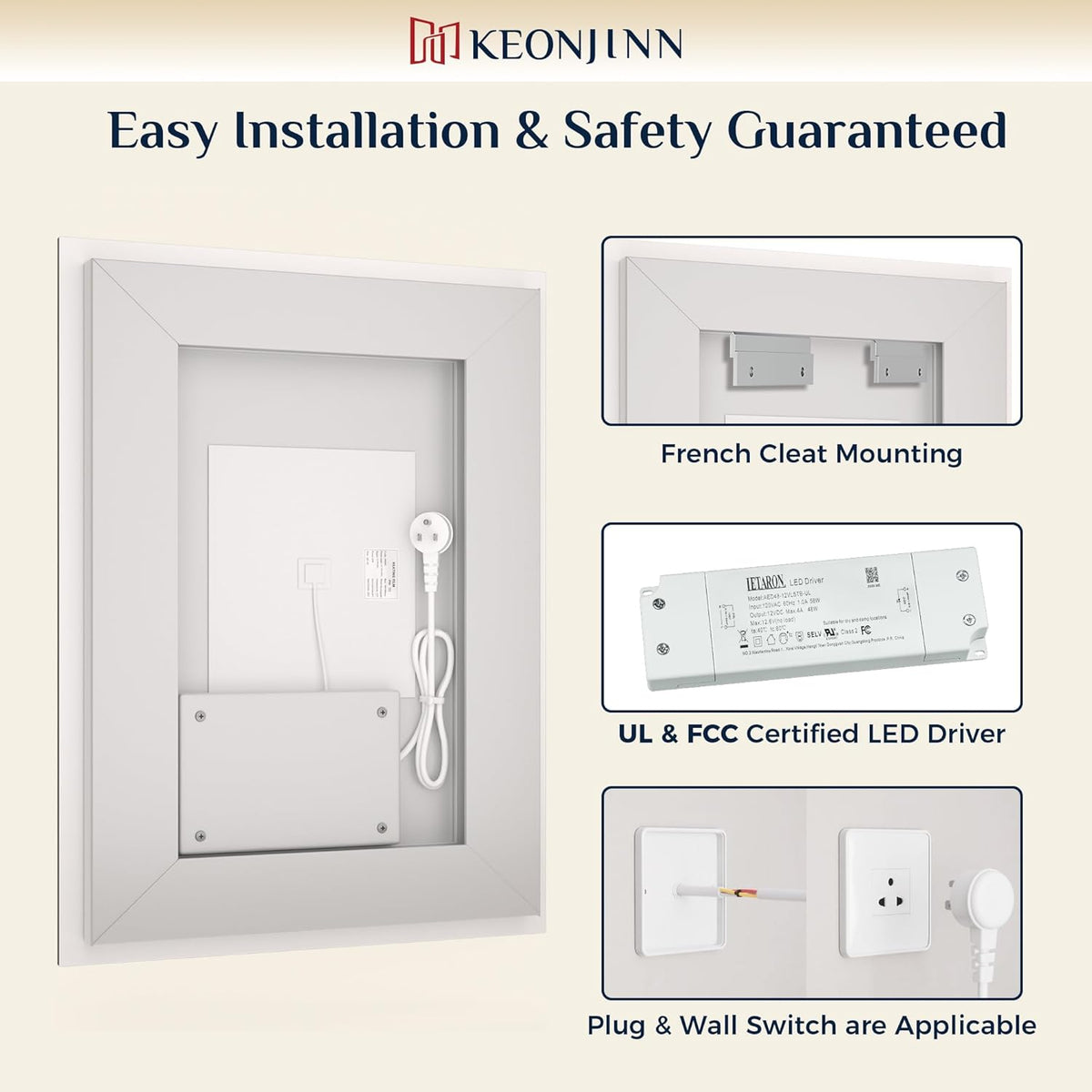 Keonjinn 24x36 Inch LED Bathroom Mirror with Lights, Frontlit & Backlit | Lighted Bathroom Mirror, 3-Color Temperature & Stepless Dimmable Lighting, Fast & Safe Defogging, Effortless Installation