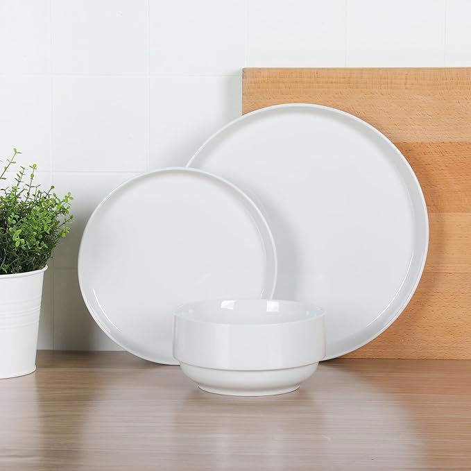 Gibson Home Rothernberg 18-Piece Stackable Porcelain Dinnerware Set, Service for 6 – White Plates and Bowls, Microwave & Dishwasher Safe