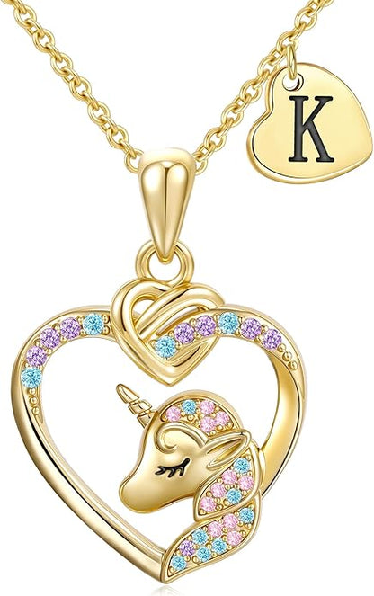 Unicorn Initial Necklaces Gifts for Girls Kids - 14K Real Gold Plated Heart Initial Unicorn Necklace Teen Girls Gifts Trendy Stuff Heart Letter Necklace for Women Girl Kids
