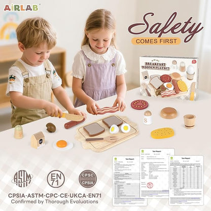 Airlab Toy Food for Toddler 3-5 Pretend Play Kids Kitchen Playset Breakfast Cutting Food Girl Boy Birthday Gift Age 3 4 5 6 Year Old Wood Educational Toys Kitchen Accessories