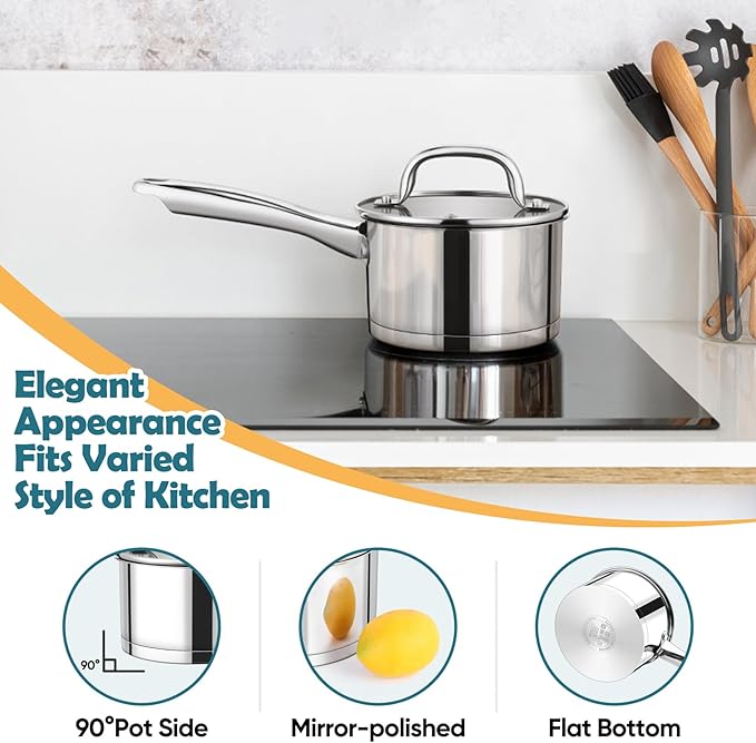 P&P CHEF 1 Quart Saucepan with Lid Set, Stainless Steel Small Cooking Pot