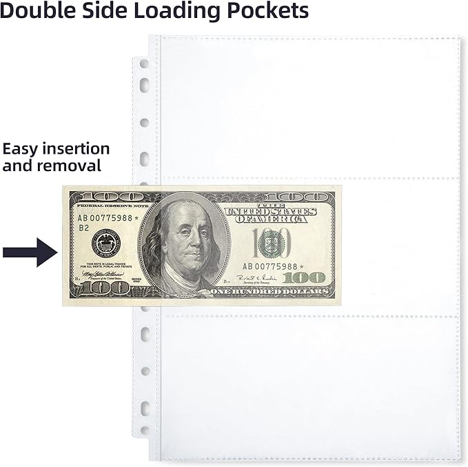 150-Sheets Double-Side 3-Pocket Currency Pages - 11 Holes for Currency Binder, 900 Pockets Paper Money Collection Pages for Dollar Bills, Banknotes and Coupons, Currency Sleeves Collecting Album Pages