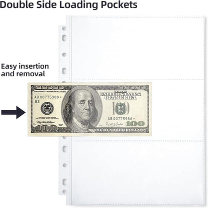 150-Sheets Double-Side 3-Pocket Currency Pages - 11 Holes for Currency Binder, 900 Pockets Paper Money Collection Pages for Dollar Bills, Banknotes and Coupons, Currency Sleeves Collecting Album Pages