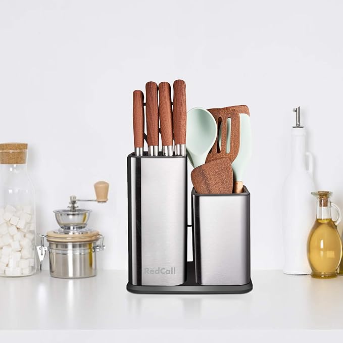 RedCall Kitchen Knife Holder,Stainless Steel Universal Knife Block Without Knives for Countertop,Modern Knife Utensil Holder for Counter,Edge-Protect Knife Storage Organizer (Stainless Steel (Silver))