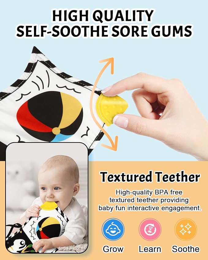 Tummy Time Toys, High Contrast Baby Book with Mirror & Teether, Black and White Infant Books, 0-6-12 Months Soft Book for Newborn, Sensory Books, Tummy Time Car Seat Toys 0-6 Month Boy Girl Gift