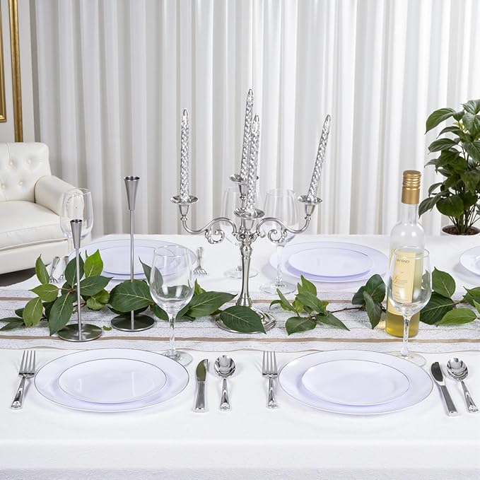 KIRE 200PCS Silver Plastic Plates - White Plastic Plates with Silver Rim Include 100 Dinner Plate and 100 for Dessert/Salad Plate for Birthday/Wedding/Party for Christmas