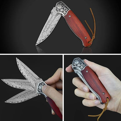 KOMWERO Damascus Pocket Knife, VG10 Damascus Steel Folding Knife with Wood Handle, Leather Sheath, Liner Lock, EDC Knife for Outdoor Survival Hunting Collection