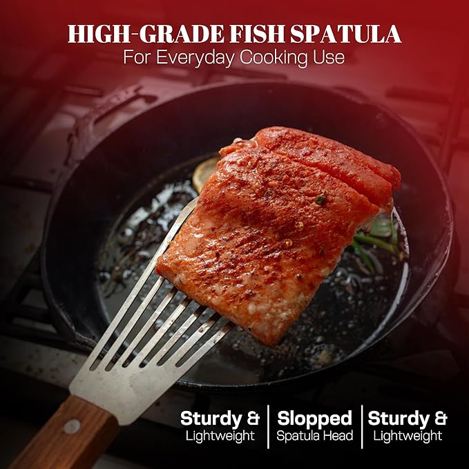 Fish Spatula Stainless Steel 2 Slotted Fish Spatulas for Nonstick Cookware - Elegant Silver Finish Turner Spatula with Ergonomic Wooden Grip Size 11” Blade Ideal for Home and Professional Chefs