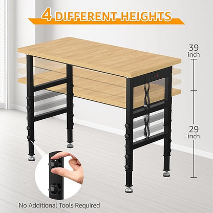 48" Adjustable Workbench,Heavy-Duty Work Table,3000 LBS Load Capacity Particleboard Hardwood Workstation Outlets with Power Strips and Fixed feet,for Workshop, Garage